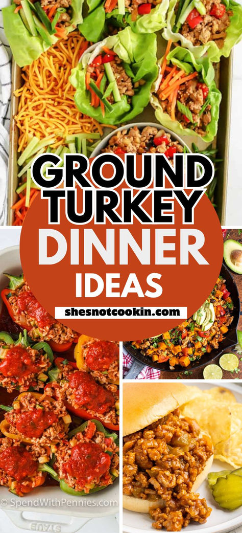 Photo collage of ground turkey dinner ideas with text overlay. Recipes For Ground Turkey Dinners, Easy Turkey Dinner Recipes Thanksgiving, Easy Quick Ground Turkey Recipes, Flavorful Ground Turkey Recipes, Turkey Protein Meals, Healthy Meals With Ground Turkey Low Carb, Cauliflower And Ground Turkey Recipes, Ground Turkey With Mushrooms, Uses For Ground Turkey