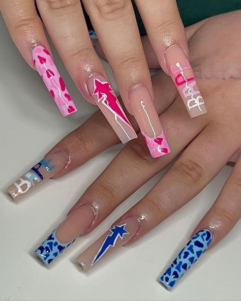 Bape Nails, Camo Nails, Gold Acrylic Nails, Acrylic Nail Set, Punk Nails, Long Acrylic Nail Designs, Blue Acrylic Nails, Colored Acrylic Nails, Cute Acrylic Nail Designs