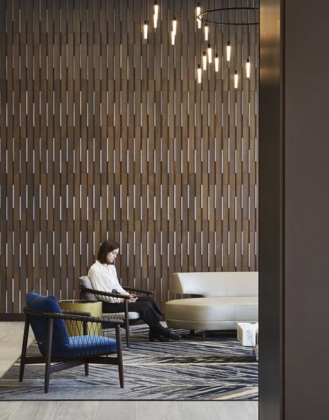 The 300 | Huntsman Architectural Group | Archinect Office Building Lobby, Soft Seating Area, Unique Stationary, Building Lobby, Lobby Seating, The 300, Wood Cladding, Chicago River, Cafe Chairs