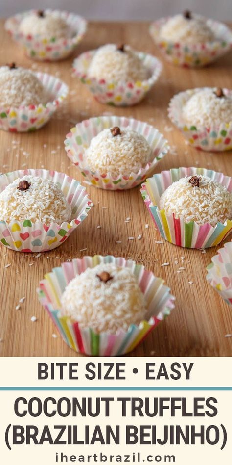 Check out this tasty and easy beijinho recipe. This Brazilian sweet is also known as coconut brigadeiro and it's finger linkin' good! | Brazilian sweets | Brazilian candy | Brazilian dessert | Easy Brazilian Dishes | Brazilian food #Brazilian #Dessert #Candy #iheartbrazil Coconut Brigadeiro Recipe, Brigadiero Recipes, Brazilian Cake, Coconut Kisses, Universal Yums, Brazilian Candy, Rum Ball, Brazilian Dessert, Brazilian Sweets