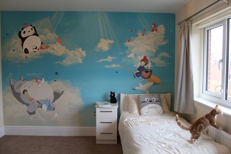 My neighbor Totoro, Kiki, Ponyo, Panda Go Panda and soot sprites. Hand painted by Cheshire Mural artists, One Red Shoe Ponyo Room Decor, Studio Ghibli Mural, Ghibli Mural, Studio Ghibli Bedroom, Totoro Room, Murals Interior Design, Ghibli Nursery, Ghibli Bedroom, Ghibli Room