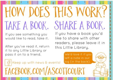 Cute example of a "how little free libraries work" sign. Book Swap Sign, Little Free Library Plans, Library Rules, Shelf Plans, Library Signage, Street Library, Library Plan, Book Swap, Swap Party