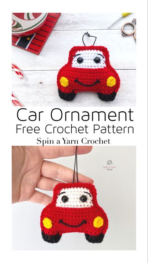 Crochet Applique Cars Free Pattern, Crochet Car Keychain Free Pattern, Crochet Car Applique Free Pattern, Car Crochet Pattern Free, Crochet Applique Patterns Free, Crochet Ornament Patterns, Crochet Car, Crochet Xmas, Crochet Keychain Pattern