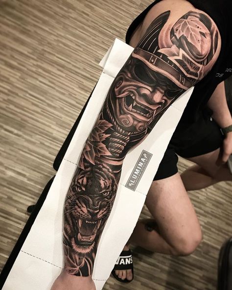 LUMINA TATTOO STUDIO BALI (@lumina_tattoo_studio) • Instagram photos and videos Samurai Tattoo Sleeve, Small Watercolor Tattoo, Mangas Tattoo, Full Hand Tattoo, Samurai Tattoo Design, Full Sleeve Tattoo Design, Dragon Sleeve Tattoos, Forearm Sleeve Tattoos, Warrior Tattoos