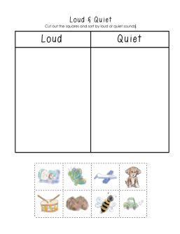 The Quiet Way Home (BFIAR) sorting by sound worksheet - visit www.littlelearninglane.com for more FREEBIES! Loud Vs Quiet Sounds Preschool, Loud And Quiet Activities For Preschool, Sound Worksheets Science, Soft And Loud Sounds Kindergarten, Loud And Soft Sounds Activities, Quiet Toddler Activities, Loud Soft, Five Senses Preschool, Senses Preschool