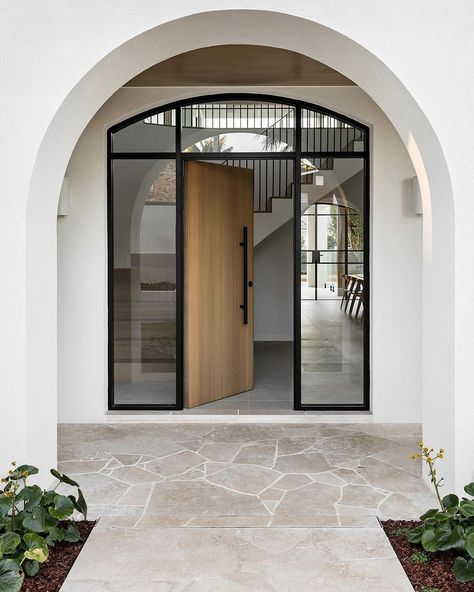 Eco Outdoor (@ecooutdoor) • Instagram photos and videos Curved Door Design, Mediterranean Facade, Scandi Farmhouse, Eco Outdoor, Crazy Paving, Modern House Interior, Entrance Ideas, Modern Entrance, Mouse House