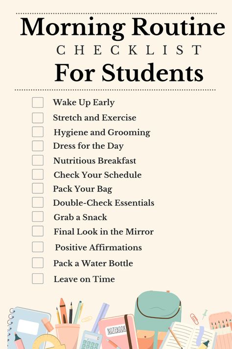 Students Morning Routine, Morning Checklist For Students, Morning Routine University Student, School Morning Routine For Kids, Routine Planner For Students, Day Routine For Students, Morning Routine Student, Morning Check In For Students, Daily Routine Schedule For Students