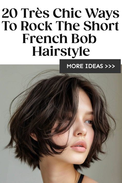 Woman with a tousled French bob haircut, promoting stylish short hair trends. Side Part French Bob, Modern Bob 2024, Parisian Bob With Bangs, Bob With Face Framing Bangs, Style French Bob, French Bob Without Bangs, French Haircut Parisian Chic, Parisian Haircut, French Bob Thick Hair