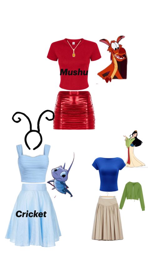 Unique trio Halloween costume Mushu And Cricket, Top 10 Halloween Costumes, Stylish Halloween Costumes, Halloween Customer, Trio Halloween Costume, Trio Costumes, Mulan Mushu, Classic Movie Characters, Halloween Costumes To Make