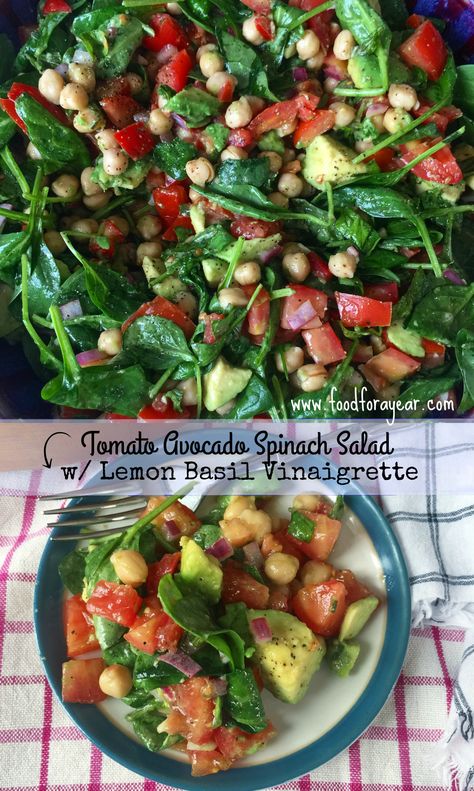 Avacodo Salad, Food For A Year, Tomato Salad Dressing, Avocado Spinach Salad, Lemon Basil Vinaigrette, Tomato Basil Salad, Between Summer And Fall, Basil Vinaigrette, Tomato Avocado