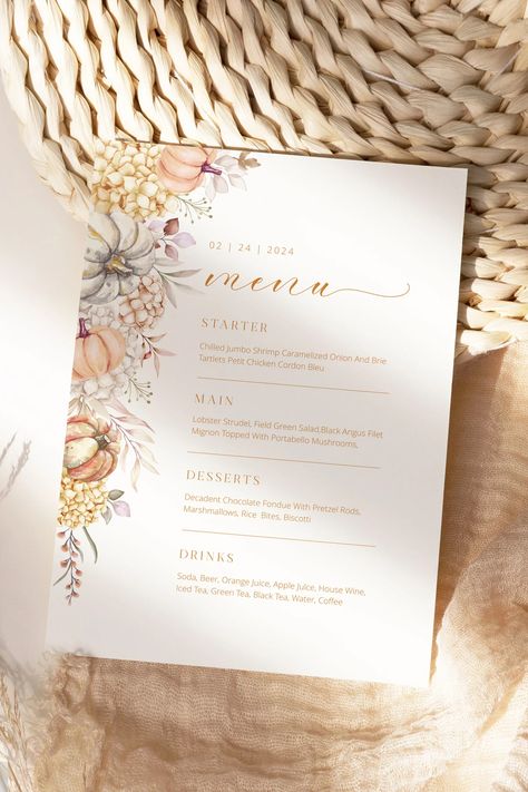 Thanksgiving Menu Design, Pumpkin Menu, Fall Wedding Menu, Dinner Fall, Thanksgiving Templates, Autumn Florals, Fall Parties, 21 Diner, Menu Card Design