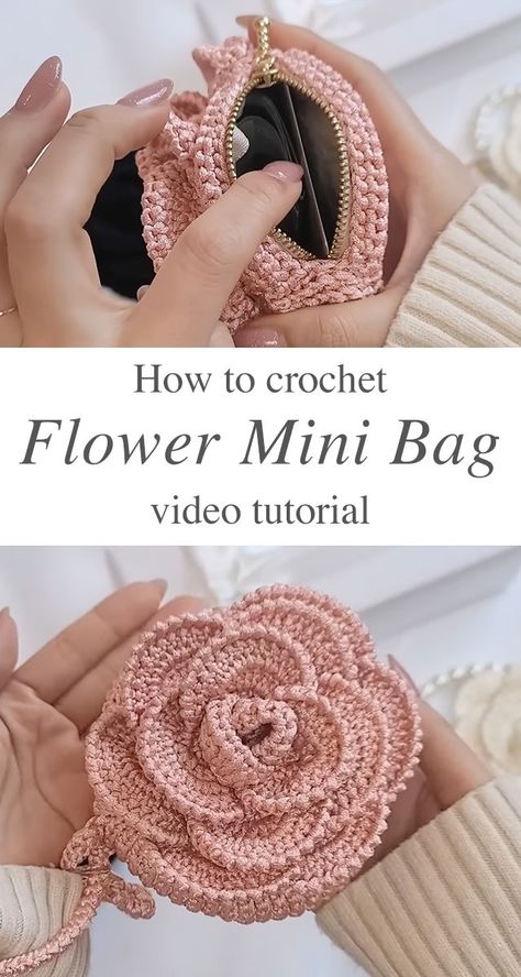 Crochet Pattern Purse Free, Crochet Flower Purse Pattern, New Crochet Free Patterns, Crochet Purse Accessories, Boho Crochet Ideas, Crochet Flower Bag Pattern Free, Crochet Drawstring Bag Pattern Free, Crochet Mini Bag Free Pattern, Cute Stuff To Crochet