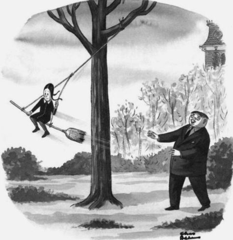 Addams, Charles (b,1912)- Broomstick Swing- 'Addam's Family' Original Addams Family, Addams Family Cartoon, Thing Addams, Los Addams, John Kenn, Charles Addams, Gomez And Morticia, Gomez Addams, Carolyn Jones