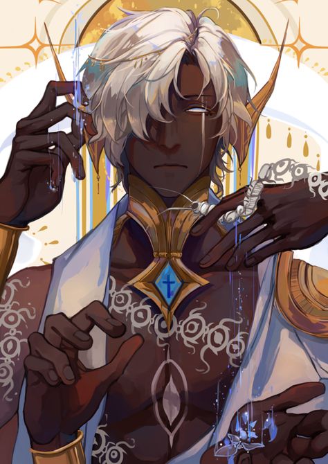 Black Man White Hair Art, God Outfits Drawing, Dark Skin White Hair Male Character Art, Black Skin Drawing, Dark God Art, Black And White Hair Character Design, Dark Skin White Hair Character Art, God Oc Male, God Oc Art