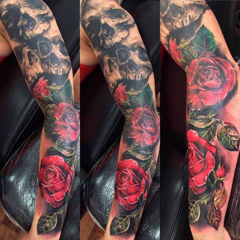 Skull And Rose Tattoo, Coloured Rose Tattoo, Roses Tattoos, Realistic Rose Tattoo, Skull Rose Tattoos, Rose Tattoo Sleeve, Rose Sleeve, Rose Tattoos For Men, Skull Sleeve Tattoos