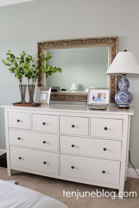 Master Bedroom Dresser Vignette Tv Stand For Bedroom Small Spaces, Bedroom Dresser With Mirror, Dresser Top Decor, Bedroom Dresser Sets, Dresser Decor Bedroom, Drawer Decor, Bedroom Tour, Rug Placement, Rental House