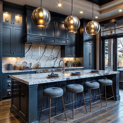 Kitchen Blue Cabinets, Renovate Kitchen, Trendy Kitchen Design, Kitchen Splashback Tiles, Latest Kitchen Designs, Kitchen Blue, Black Countertops, White Kitchens, Rustic Kitchen Design