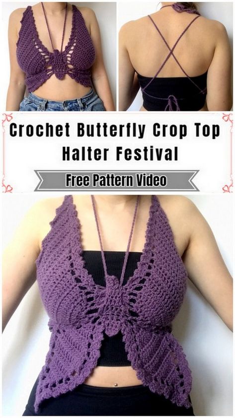 custom butterfly crochet top Crochet Butterfly Top Free Pattern, Butterfly Crop Top, Crop Tops Crochet, Butterfly Crochet Top, Butterfly Crochet Top Pattern, Butterfly Crop Top Crochet Pattern, Crochet Swallowtail Butterfly Top, Top Mariposa Crochet, Crochet Butterfly Top Pink