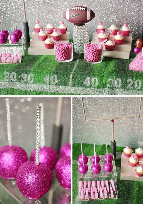 Pink Football Party, Football Party Desserts, Cheer Birthday Party, Cheerleader Birthday, Cheerleading Party, Cheer Banquet, Zombie Birthday Parties, Pink Football, Zombie Birthday