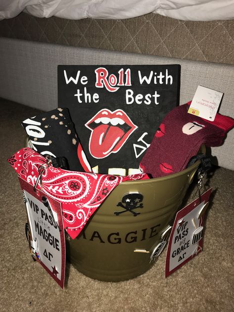 Rock n Roll Theme Little Basket Rock And Roll Gift Basket, Big Little Basket Theme, Rock N Roll Theme, Delta Gamma Crafts, Sorority Baskets, Big/little Baskets, Big Little Canvas, Sorority Art, Big Little Basket