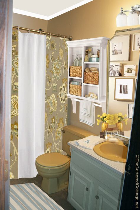 I have Harvest gold applicances that still work and we do not plan on replacing until they break....I like this design Bathroom Shelf Unit, Pottery Barn Bathroom, Bathroom Shelving Unit, Shelves Over Toilet, Bathroom Shelves Over Toilet, Farmhouse Bathroom Decor Ideas, Bathroom Closet, Harvest Gold, Yellow Bathrooms