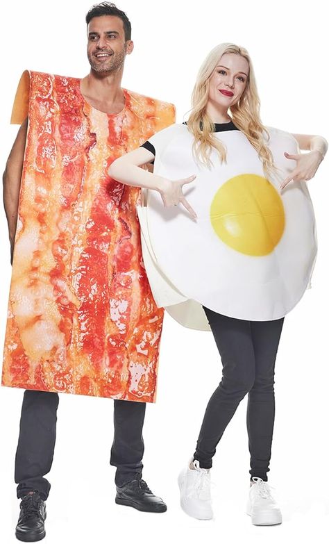 Charred bacon and freshly fried eggs will turn your appetite on in the morning! This Bacon Frying Eggs Couple's Costume is new and perfect for the uniform and completeness of a family costume. Fried Egg Costume, Bacon And Eggs Costume, Bacon Halloween Costume, Breakfast Costume, Bacon Costume, Couple Food, Couple's Costume, Egg Costume, Dating Outfit