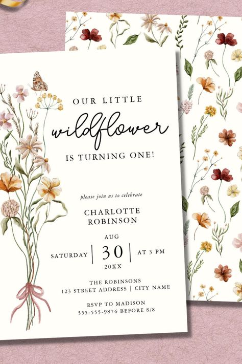 Wildflower Boho Garden Floral First Birthday Invitation Baby Girl First Birthday Theme Spring, First Birthday Themes Girl, Girl First Birthday Theme, Baby Girl First Birthday Theme, Floral First Birthday, Flower Birthday Party, Flower Birthday, Boho Garden