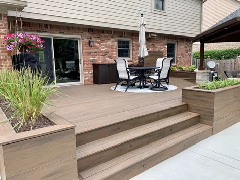 Composite Deck With Pergola, Low Deck Designs, Trex Deck Designs, Deck Around Trees, Small Backyard Decks, Composite Decks, Ground Level Deck, Yard Remodel, Low Deck