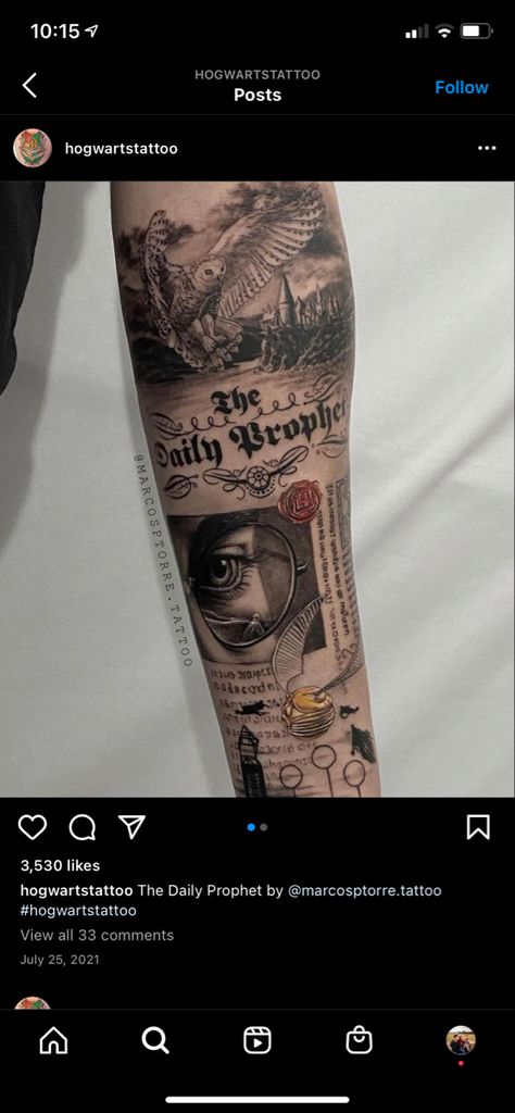 Harry Potter Daily Prophet Tattoo, Daily Prophet Tattoo, Harry Potter Leg Sleeve, Prophet Tattoo, Script Tattoo Placement, Hogwarts Tattoo, Harry Tattoos, Harry Potter New, Script Tattoo