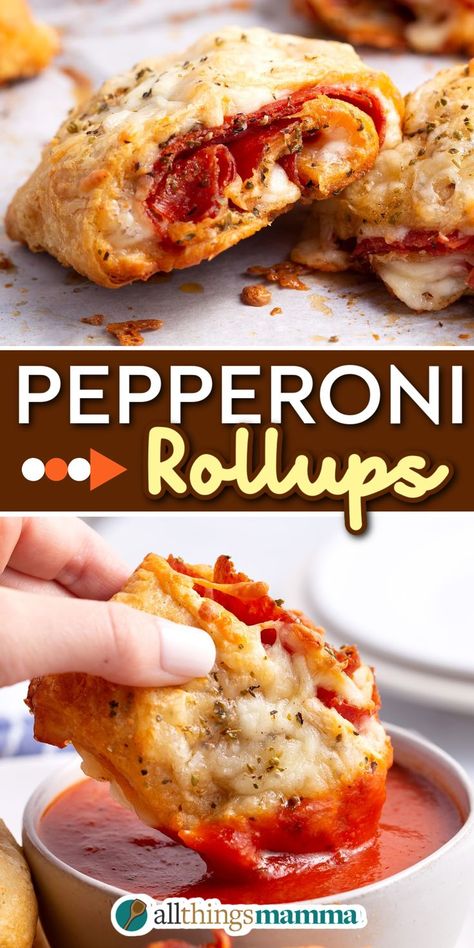 Pepperoni Rollups social collage graphic Crescent Roll Pepperoni Rolls, Pepperoni Rollups, Pepperoni Cheese Rolls, Pepperoni Crescent Rolls, Easy Pepperoni Rolls, Pepperoni Rolls Recipe, Ham And Cheese Roll Ups, Party Food Easy Appetizers, Baked Appetizers