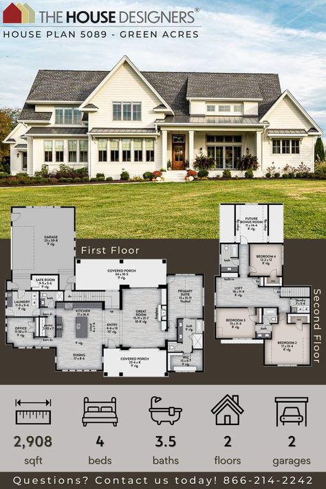 Modern Mixed With Traditional, Floor Plan Farmhouse, Large Open Floor Plan, Covered Porches, House Plans Mansion, Charming Farmhouse, Vintage House Plans, Walk In Closets, Farm Houses