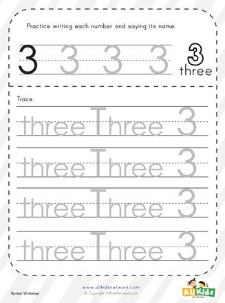 Tracing practice for writing and spelling out the number 3. Number 3 Worksheet, Preschool Numbers, Number Forms, Tracing Practice, Preschool Math Worksheets, Number Tracing, Word Form, Spelling Activities, Numbers Preschool