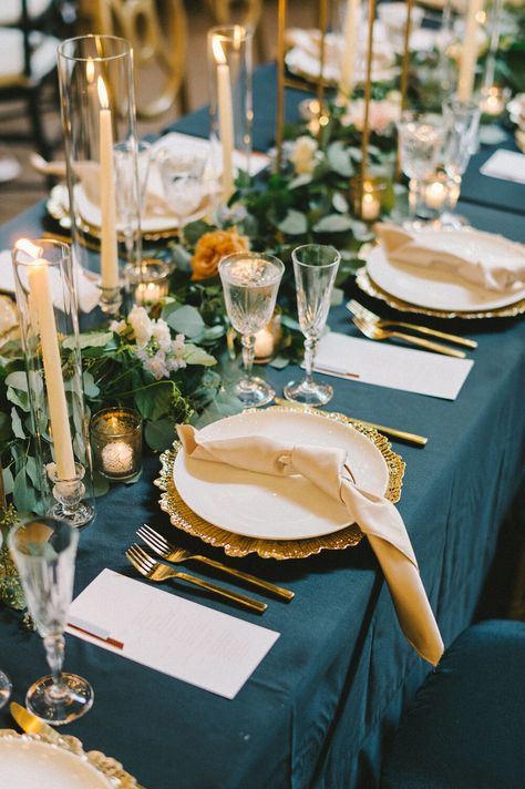 Teal, orange and green table inspiration Business Dinner Table Setting, Teal And Orange Tablescapes, Green And Teal Wedding Theme, Dark Teal Wedding Table Setting, Teal Table Setting Wedding, Teal And Gold Flowers, Teal Tablecloth Wedding, Black Teal Gold Wedding, Teal And Gold Table Setting