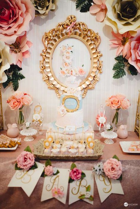 Vintage / Retro Baby Shower Party Ideas | Photo 2 of 30 | Catch My Party Vintage Theme Baby Shower Ideas, Rococo Party Decor, Victorian Baby Shower Ideas, Vintage Girl Baby Shower Ideas, Vintage Baby Shower Ideas, Vintage Baby Shower Theme, Marie Antoinette Dessert Table, Victorian Baby Shower, Baby Shower Buffet