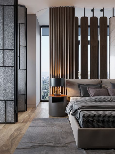 Master bedroom in A-Apartment on Behance Modern Luxury Bedroom Design, Black Room Decor, Bedroom Interior Design Luxury, Modern Bedroom Interior, Modern Luxury Bedroom, Dark Home Decor, Luxury Bedroom Master, Belek, Design Del Prodotto