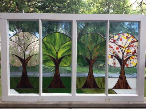 Four seasons stained glass repurposed window Spring Summer Fall Winter Stained Glass Four Seasons, 4 Seasons Stained Glass Patterns, Four Seasons Stained Glass Patterns, Stained Glass Tree Patterns, Fall Stained Glass Ideas, Mosaic Tree Art, Repurposed Window, Glass Art Pictures, Cow Parsley