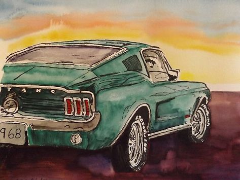 Bullitt green pony classic hotrod muscle car by Pam35096 Vintage Car Drawing Easy, Retro Car Drawing, Old Car Drawing, Mustang Painting, Vintage Car Painting, Cars Watercolor, Mustang Drawing, Car Watercolor, Transport Art