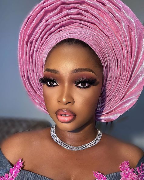 Pink Gele Nigerian, Nigerian Owambe Makeup, Nigerian Gele, Gele Styles, Hausa Wedding, Yoruba Bride, Igbo Wedding, Nigerian Bride, African Wedding Attire