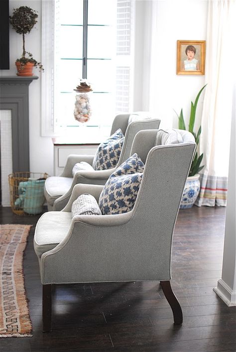 Home Inspiration Styling Wingback Chairs, Wing Back Chairs Living Room, Pretty Chairs, Wingback Chair Living Room, Cozy Chairs, Fireplace Area, Wing Chairs, Wingback Chairs, Herringbone Fabric