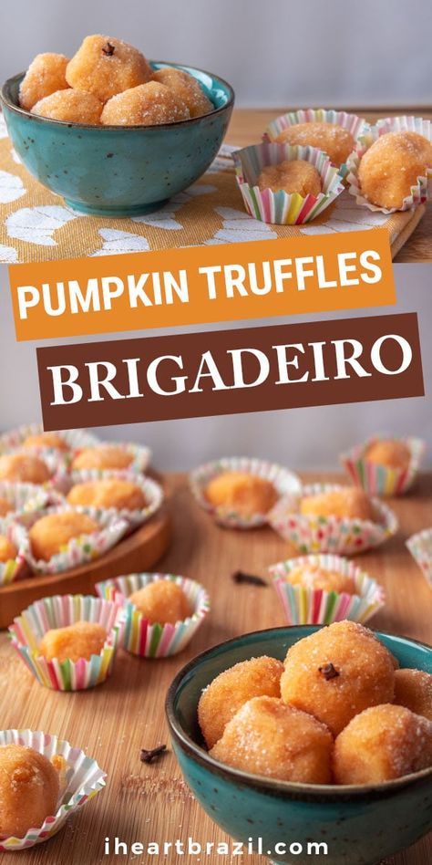 Pumpkin Brigadeiro, Brazilian Candy, Brazilian Brigadeiro, Brazilian Sweets, Brigadeiro Recipe, Fall Desserts Pumpkin, Desserts Pumpkin, Pumpkin Truffles, Delicious Halloween Treats