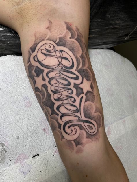 Blessed Arm Tattoo, Blessed Tattoo For Men, Heavenly Tattoos, Last Name Tattoo, Outer Bicep Tattoos, Inner Bicep Tattoo Men, Name Tattoos For Men Forearm, Arm Tattoos Lettering, Blessed Tattoo