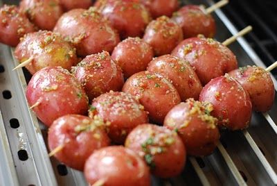 Grilled Potatoes - I love the Kabob idea! Keeps the potatoes from rolling all over and falling into the grill Potato Kabobs, Grilled Potatoes, Grill Master, Kebabs, Potato Dishes, On The Grill, Side Recipes, Camping Food, Veggie Dishes