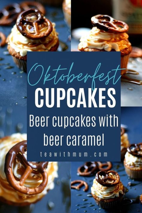 The perfect cupcakes to celebrate the Oktoberfest: beer cupcakes with beer caramel, vanilla frosting, beer caramel drizzle and a choc-dipped pretzel. Oktoberfest cupcakes. Oktoberfest Cupcake Ideas, Desserts For Octoberfest, Oktoberfest Dessert Ideas, Oktoberfest Balloon Arch, Octoberfest Food Desserts, Octoberfest Dessert Ideas, Oktoberfest Desserts Easy, October Fest Desserts, Oktoberfest Birthday Cake