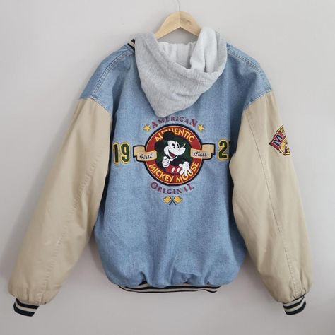 Vintage 90’s Disney Mickey Mouse denim bomber... - Depop Vintage Disney Jacket, Denim Jacket Embroidery, Dr Wardrobe, Jacket Embroidery, Masc Outfits, Racing Jackets, Tommy Jeans, Disney Mickey Mouse, Fall Winter Outfits