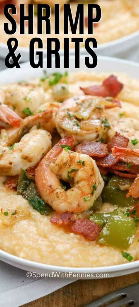 These cheesy shrimp and grits are a comfort food classic, and couldn't be easier! I am in love with this dish! #spendwithpennies #shrimp #grits #shrimpandgrits #peppers #bacon #southern Cheesy Shrimp And Grits, Easy Shrimp And Grits, Southern Shrimp And Grits, Shrimp Grits Recipe, Cheesy Shrimp, Cajun Shrimp And Grits, Shrimp N Grits Recipe, Cheesy Grits, Grits Recipe