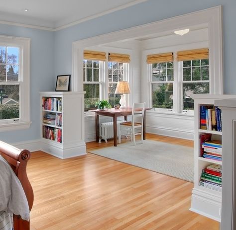 Love the built-ins used to delineate the sitting area of the master bedroom; roman shades; windows; floors Bump Out, Bedroom Addition, Home Addition, Room Additions, Built In Bookcase, Home Additions, Awesome Bedrooms, My Dream Home, Bedroom Office