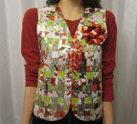 Last minute Ugly Sweater party?  Make one out of wrapping paper!!  LOL  Recycled Wrapping Paper Ugly Sweater Vest Diy Christmas Shirts, Diy Christmas Sweater, Wrap Vest, Recycled Wrapping Paper, Ugly Sweater Diy, Ugly Sweater Contest, Diy Ugly Christmas Sweater, Paper Clothes, Christmas Vest