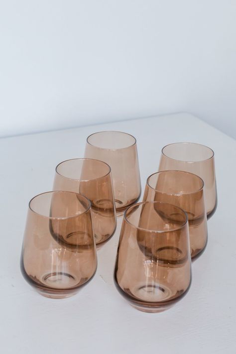 Estelle Colored Wine Stemless - Set of 6 {Amber Smoke} – Estelle Colored Glass Amber Glassware Table Settings, Amber Glassware Wedding, Items Aesthetic, Kitchen Glasses, Colorful Glassware Estelle Colored Glass, Amber Wine Glasses, Budget Furniture, Amber Glassware Bowls, Double Wall Glass