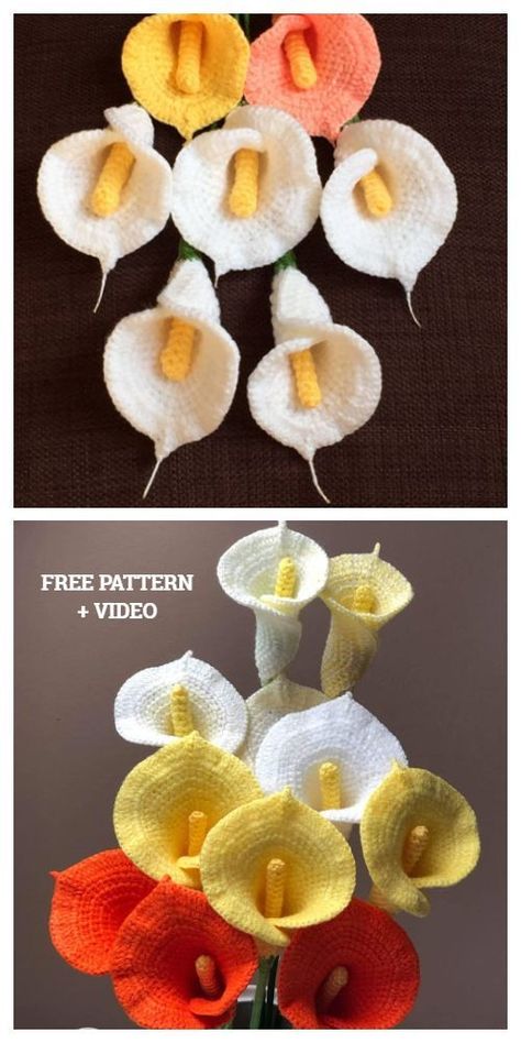 Crocheted Flowers Free Pattern, Free Flower Crochet Patterns, Crochet Plants Free Pattern, Crochet Flower Pattern Free, Crochet Plants, Calla Lily Flower, Crochet Wreath, Crochet Flowers Easy, Yarn Flowers