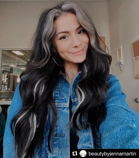 Black Hair With Gray Money Piece, Gray Streak In Front Of Hair, Money Piece Hair Black, Money Piece And Underneath Hair, Black Hair With White Streak, Black Hair Dye Ideas, Money Piece Hair With Bangs, Black Hair With Money Piece, Money Piece Hair